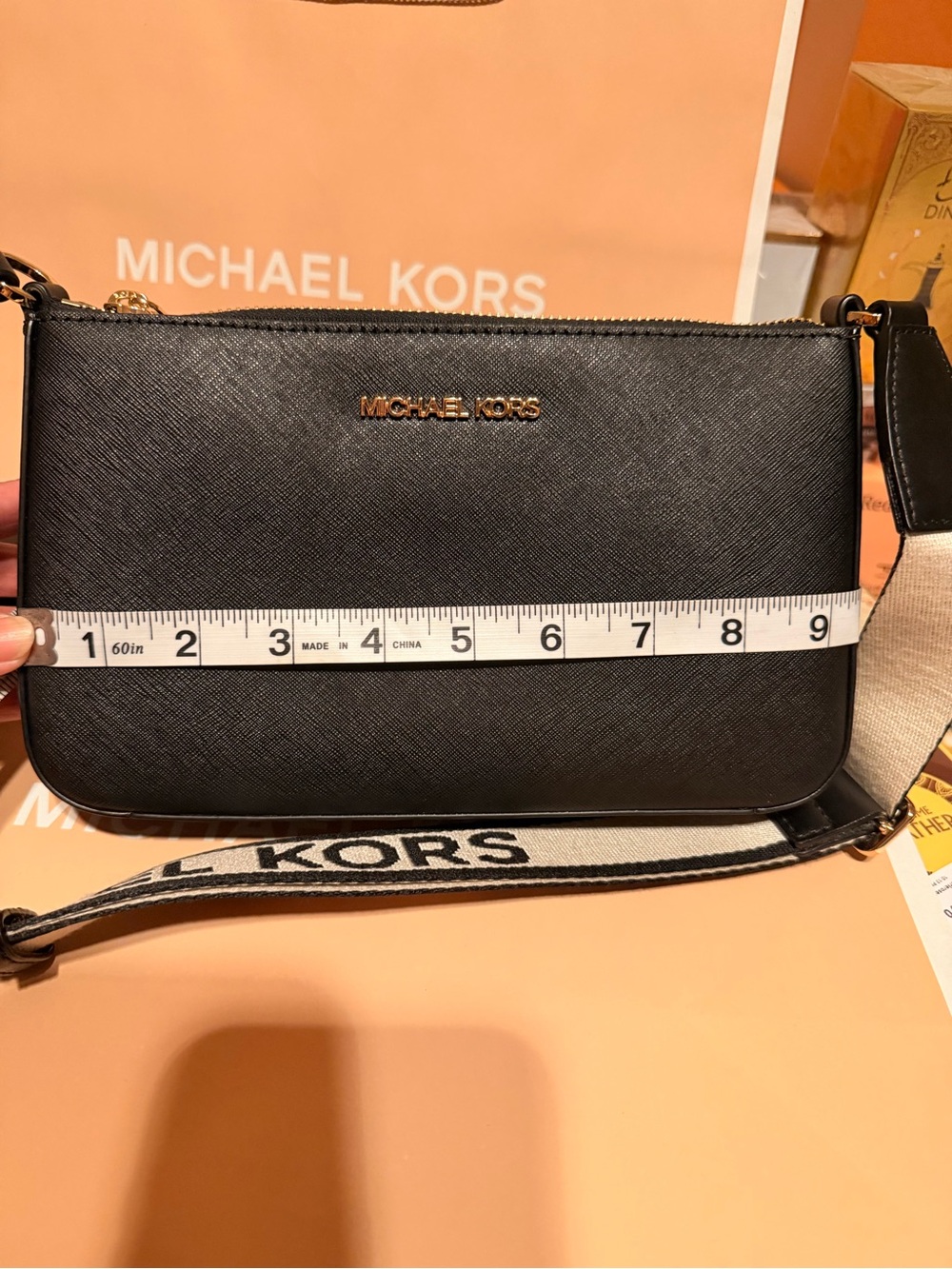 Michael Kors Black Saffiano Crossbody with Branded Canvas Strap - Picture 11 of 13
